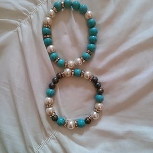 Teal and White Beaded Bracelet